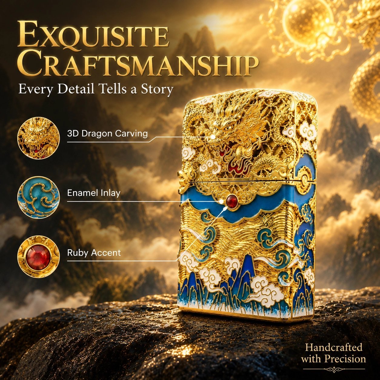 Golden Dragon Enamel Lighter - 3D Carving, Refillable, Gift Box Packaging - Image 4