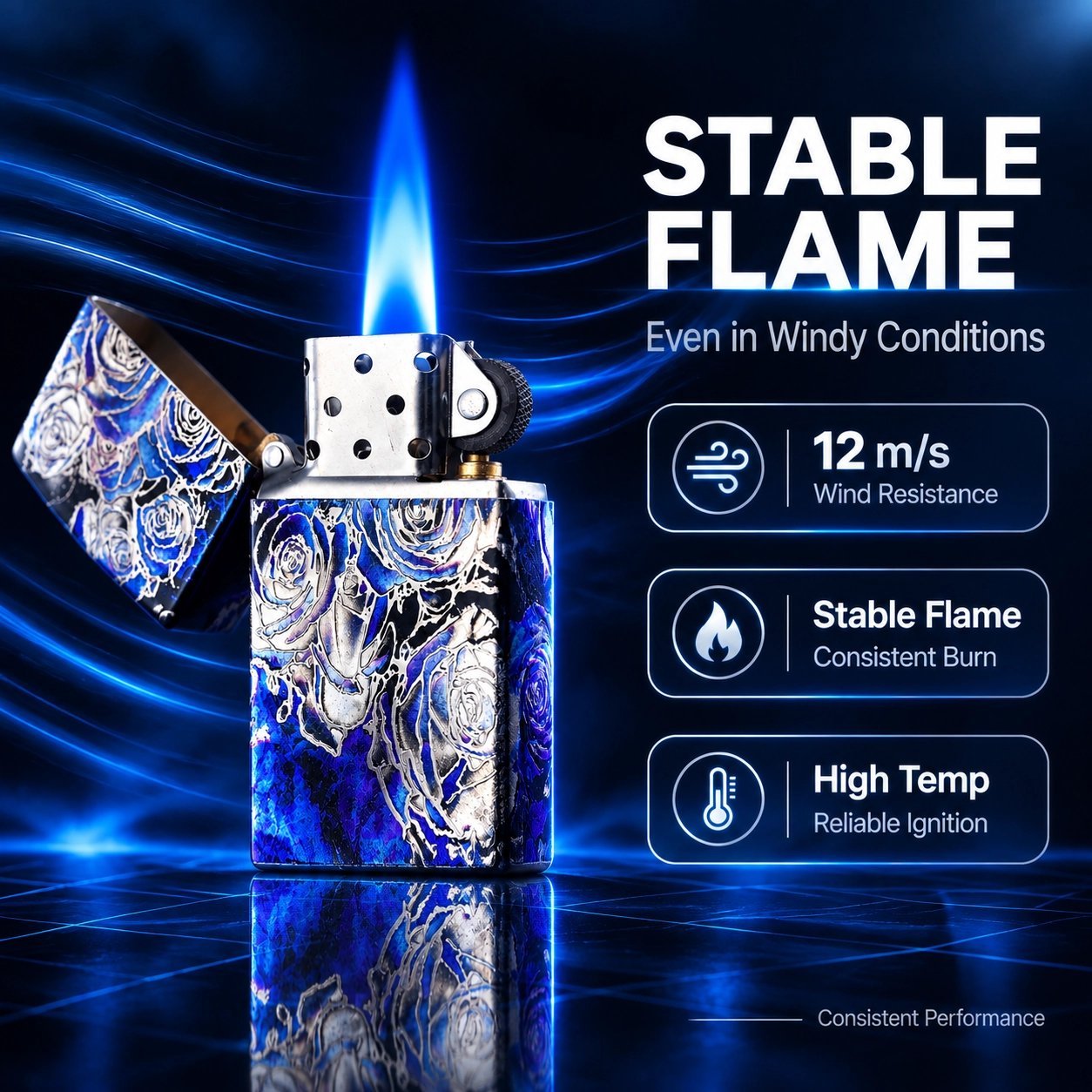 Blue Rose Windproof Lighter - 16-Hole Insert, Stable Flame, Refillable Metal - Image 4