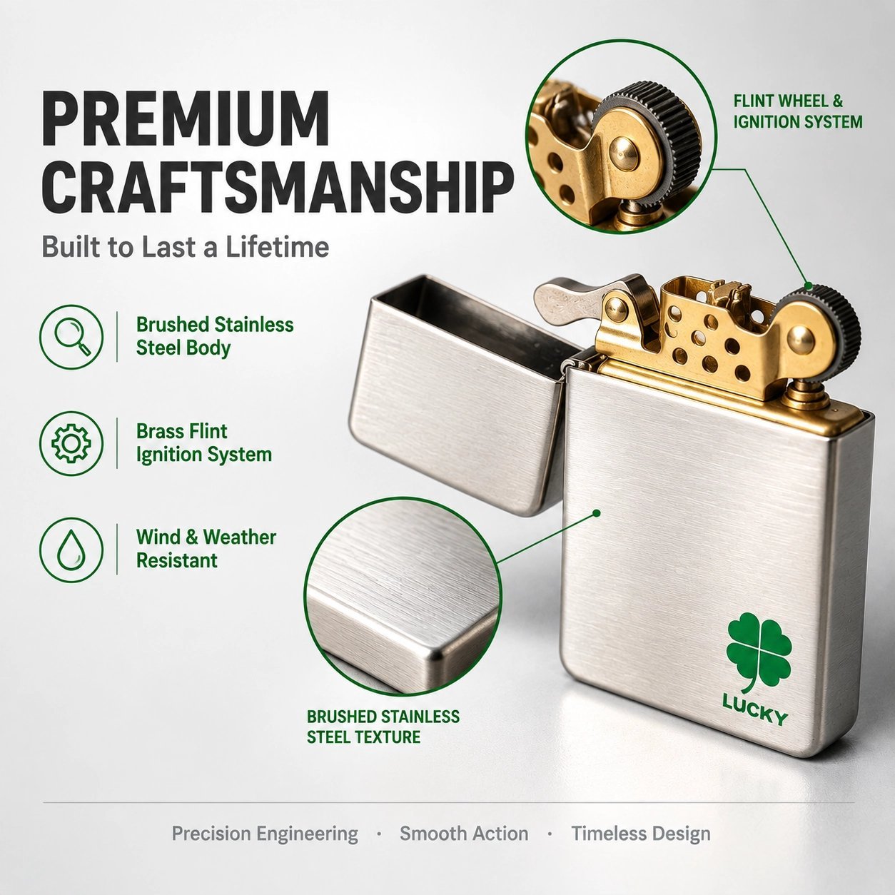 Lucky Clover Brushed Metal Lighter - Stainless Steel, Vintage Flint, Windproof - Image 4