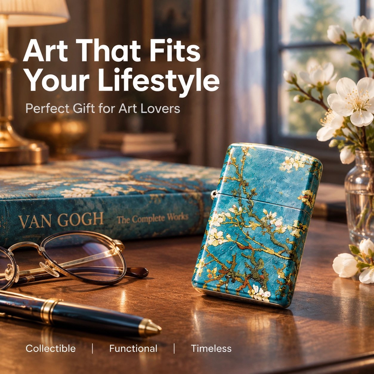 Van Gogh Almond Blossom Windproof Lighter - Refillable Metal, Gift Set with Fluid & Flints - Image 4