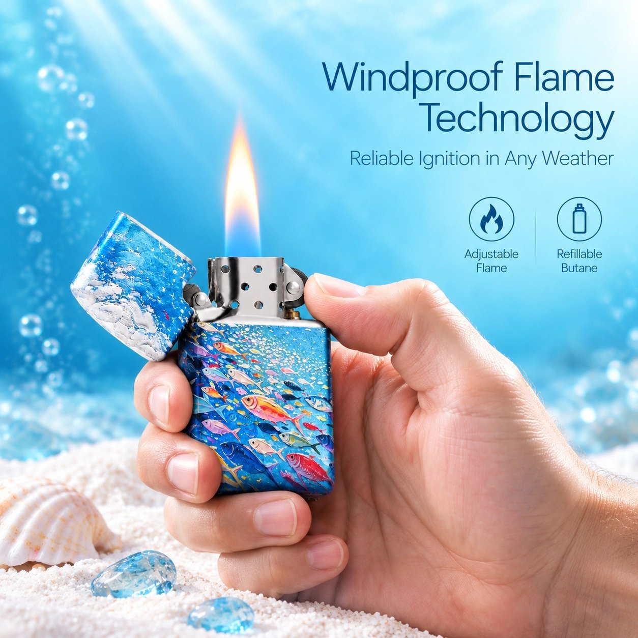Ocean Fish Pattern Windproof Lighter - Vibrant Underwater Art, Refillable Metal - Image 4