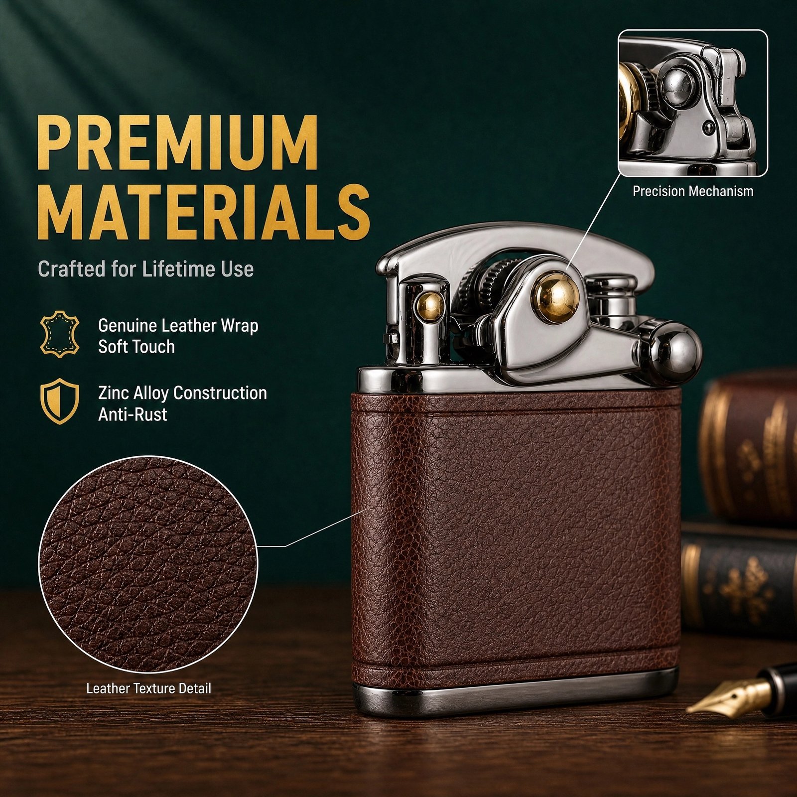 Vintage Leather Wrapped Kerosene Lighter - One-Hand Ignition, Windproof, Refillable - Image 5