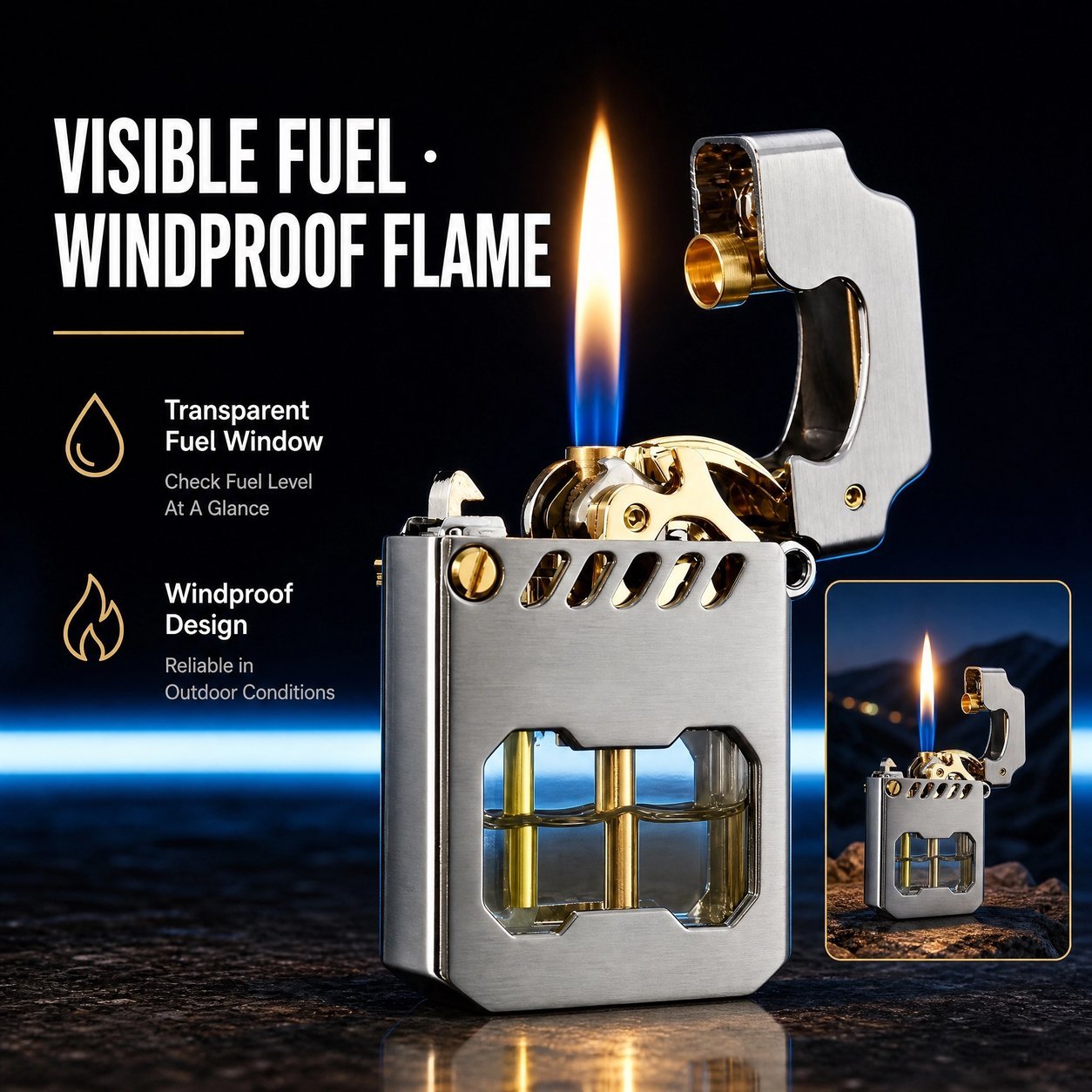 Mechanical Gear Kerosene Lighter - Visible Fuel Tank, Stainless Steel, Windproof - Image 5