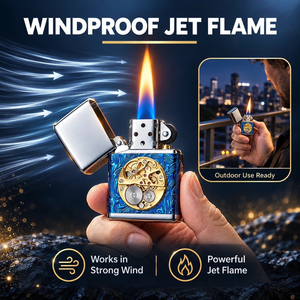 Vintage Mechanical Gear Blue Lighter - Exposed Movement Design, Windproof, Refillable - Image 5