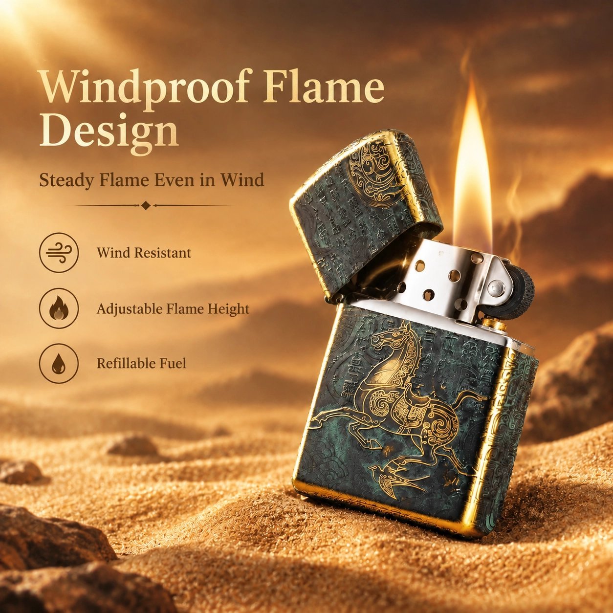 Vintage Bronze Carved Horse Windproof Lighter - Retro Craft, Refillable, Metal - Image 5
