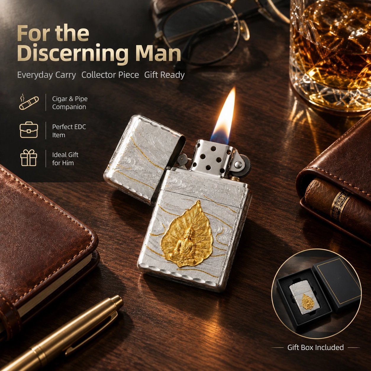 Buddha Leaf Lighter - 3D Relief Craftsmanship, Windproof, Refillable Metal - Image 5