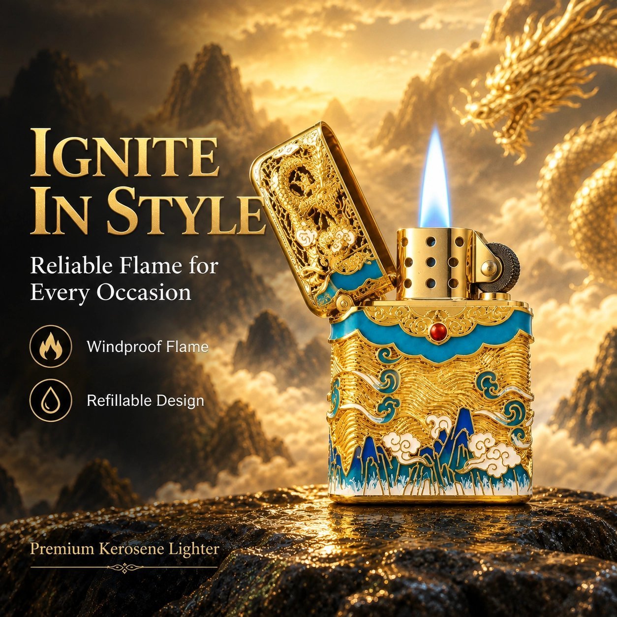 Golden Dragon Enamel Lighter - 3D Carving, Refillable, Gift Box Packaging - Image 5