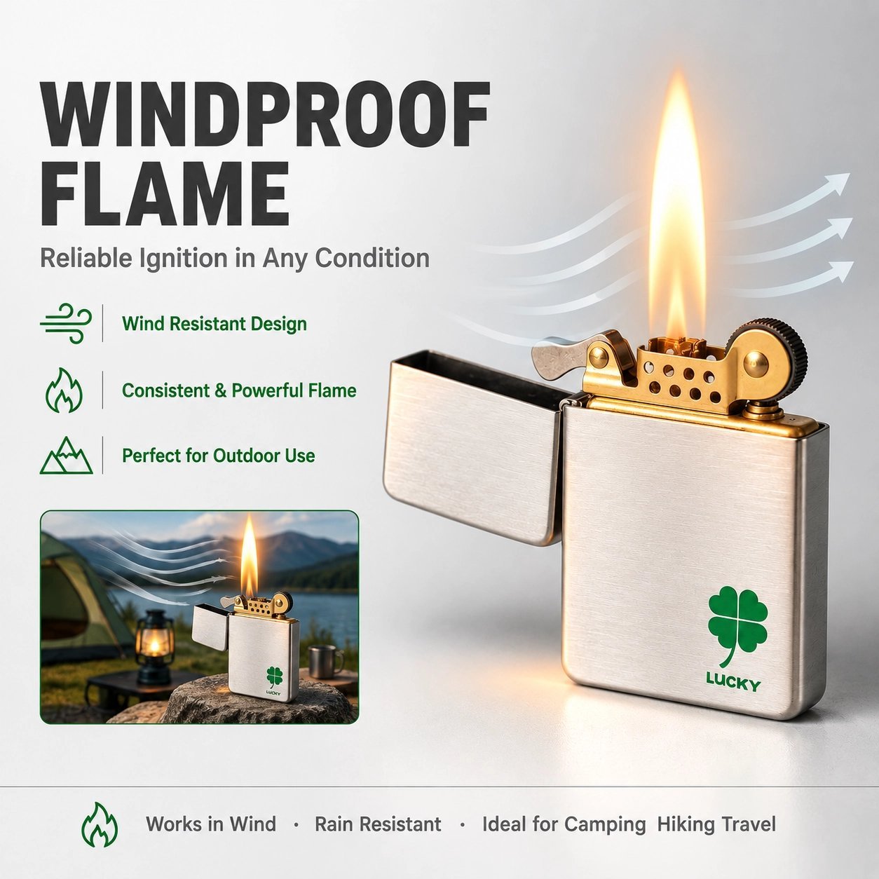 Lucky Clover Brushed Metal Lighter - Stainless Steel, Vintage Flint, Windproof - Image 5