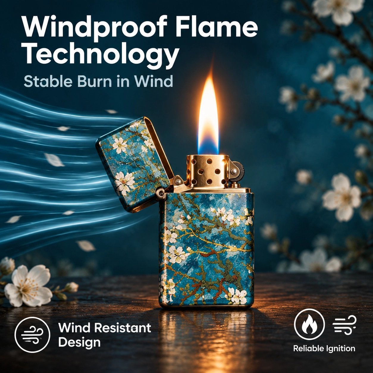 Van Gogh Almond Blossom Windproof Lighter - Refillable Metal, Gift Set with Fluid & Flints - Image 5